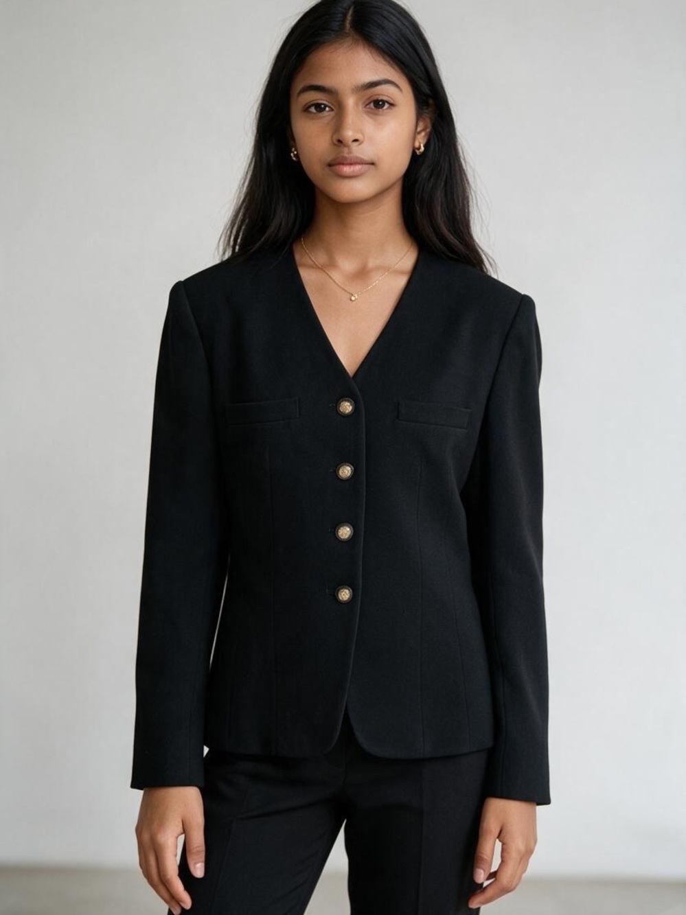 Vintage Jones New York Black Collarless Blazer Size 10 Gold Crest Buttons USA